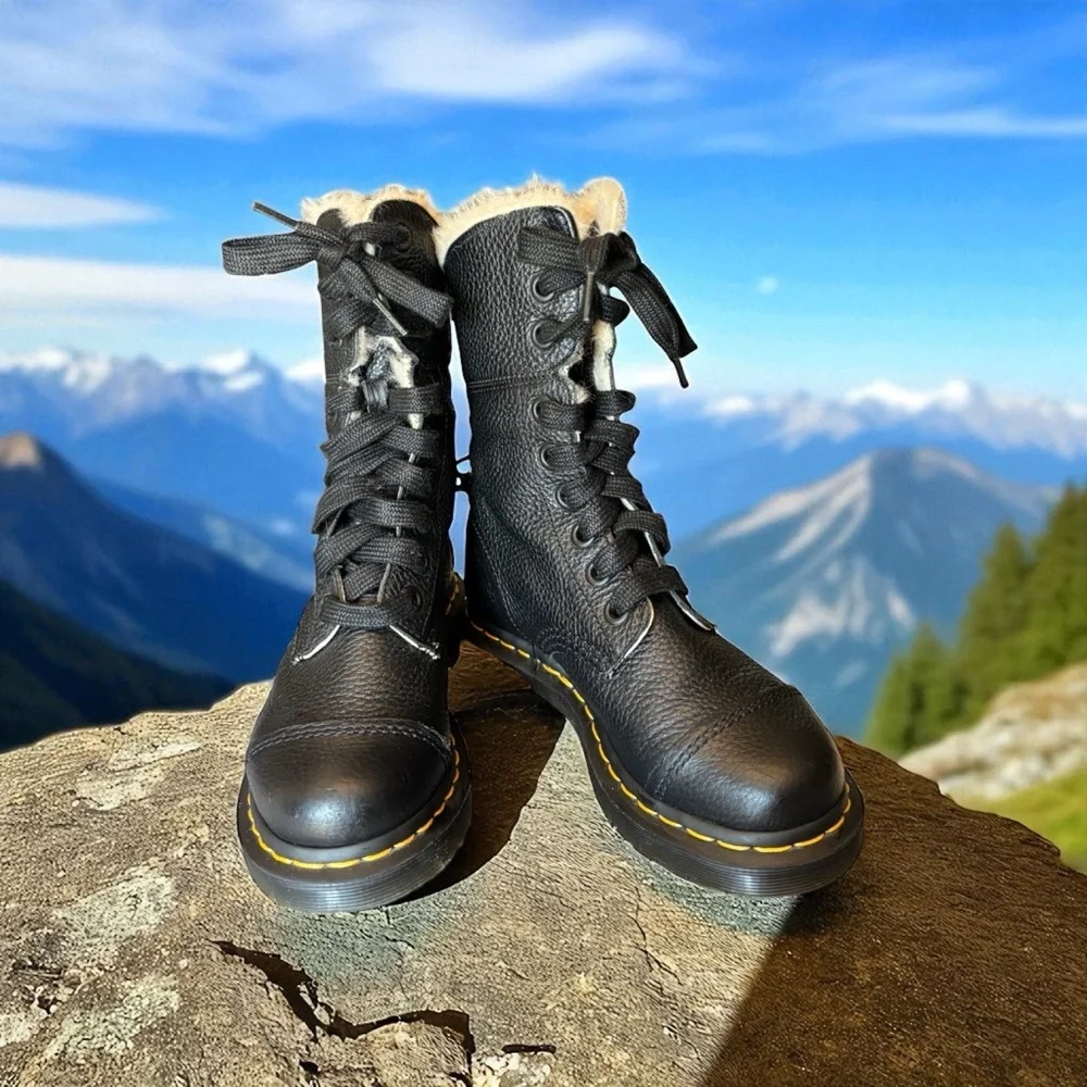 Dr. Marten’s Amilita Aunt Sally Black Leather Faux Fur Lined Boot.